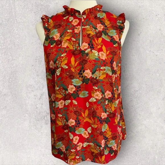 Rose & Olive Shirt Size Medium Floral Ruffled High Keyhole Neck Red Multicolor - Picture 1 of 6